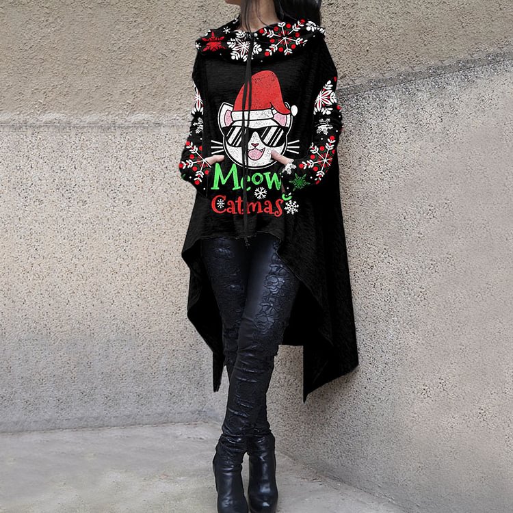 Christmas Cat Paneled Snowflake Print Hoodie
