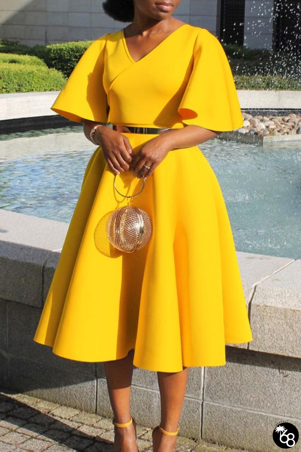 Yellow Casual Solid Patchwork V Neck Short Sleeve Dress Dresses | 168DEAL