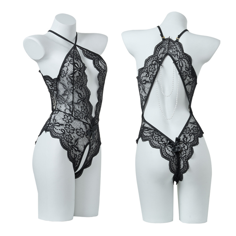 Lovingerie - Open-crotch See-through Lace Backless Pearl Chain Bodysuit