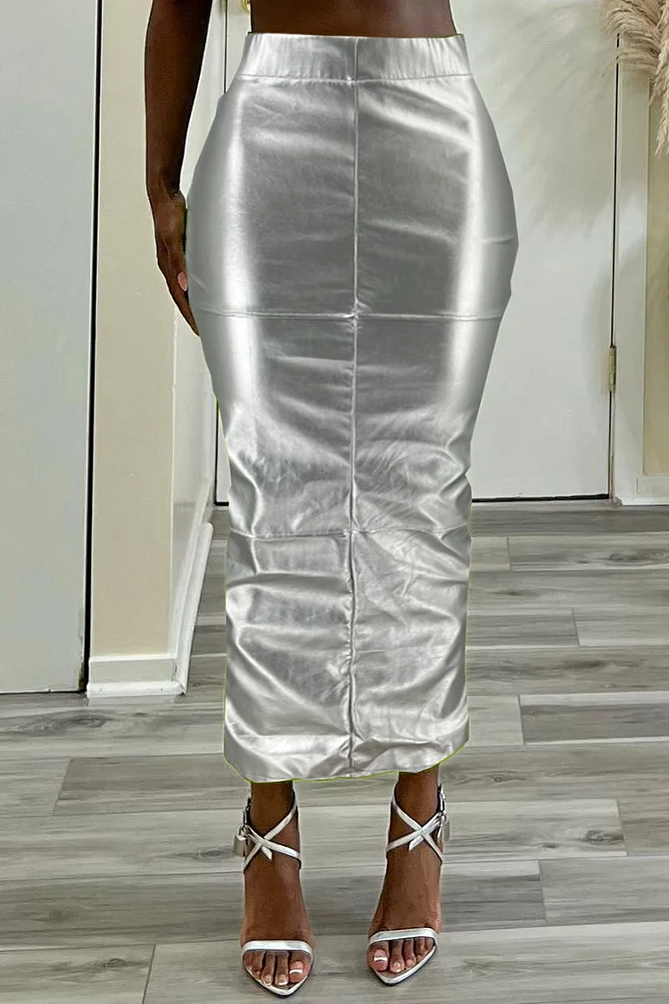Plain High Waist Bodycon Slit Maxi Skirt-Silver