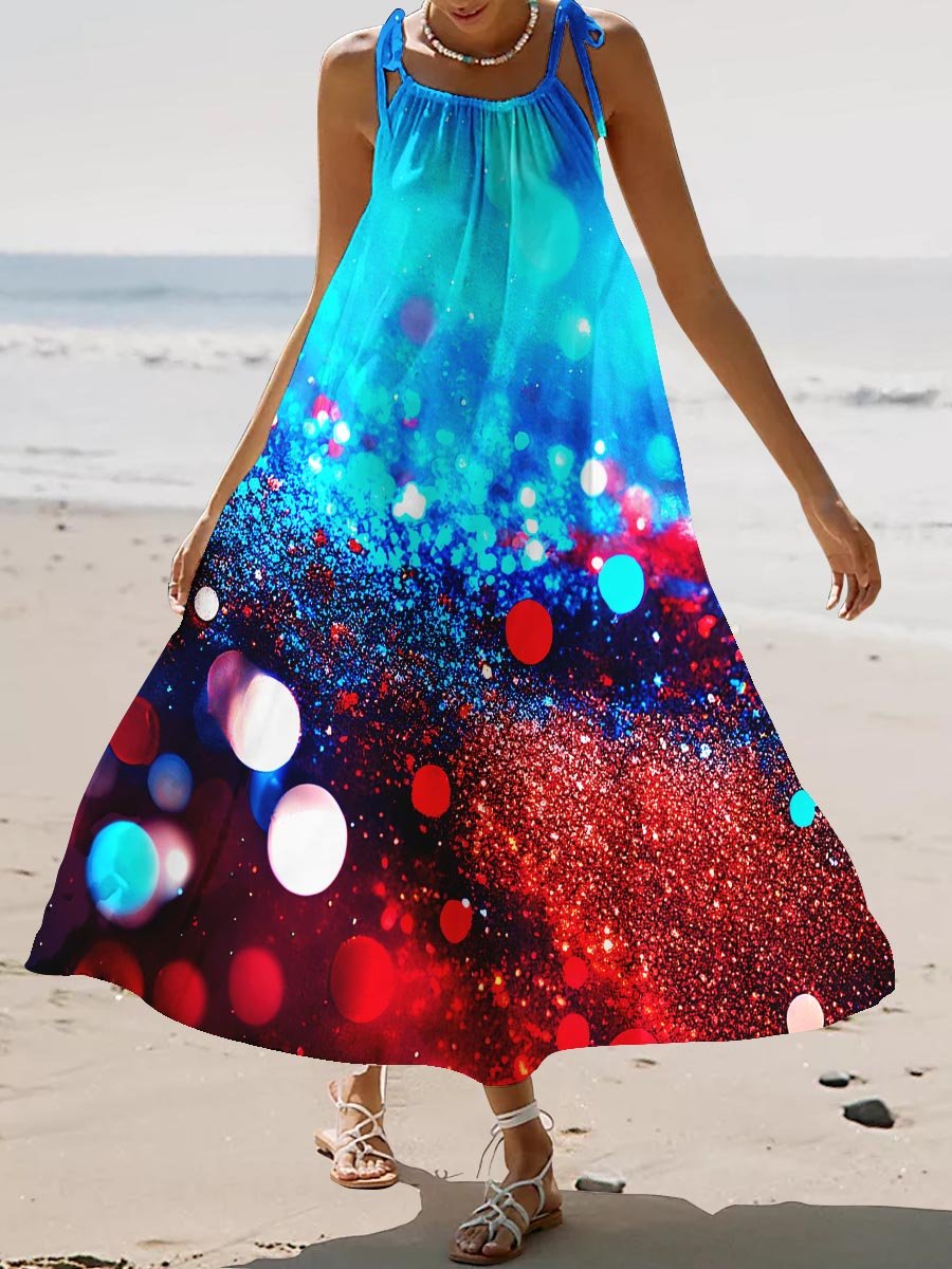 Women's Sunset At Sea Patriotic Independence Stars and Stripes Sparkle Embrace Patriotic Glitter Art Print Flowing Slip Dress