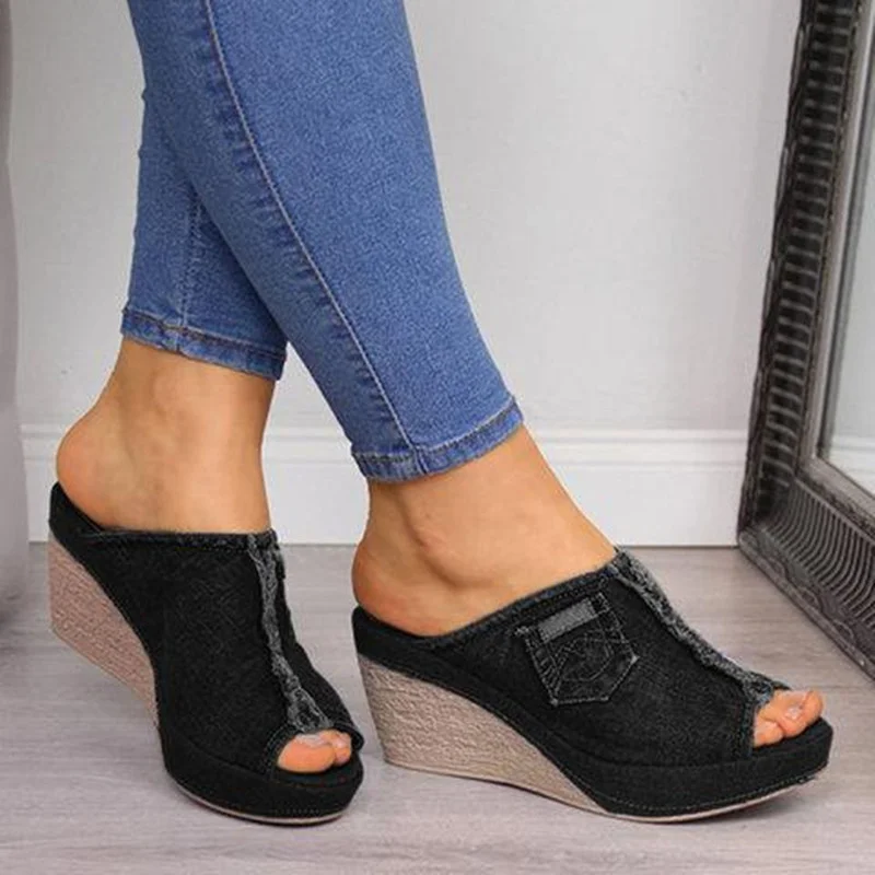 Denim wedges ladies daily casual shoes