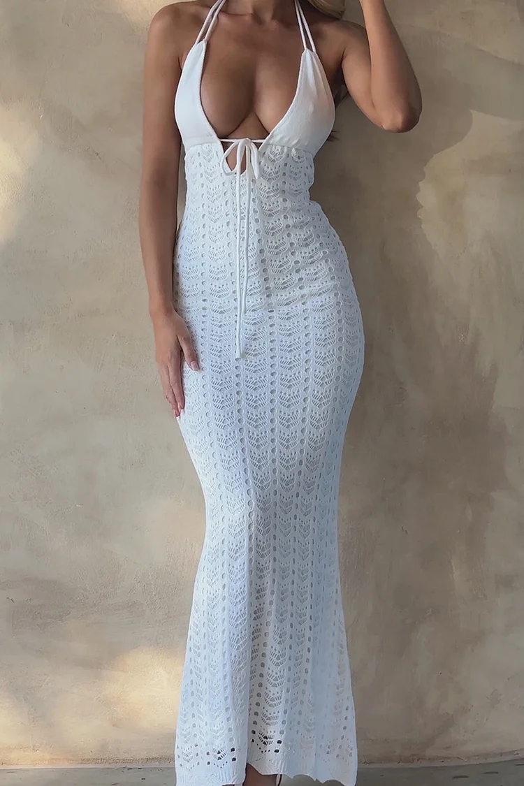 Irregular Neck Tied Up Cutout Lace Hollow Out Bodycon Backless White Maxi Dresses