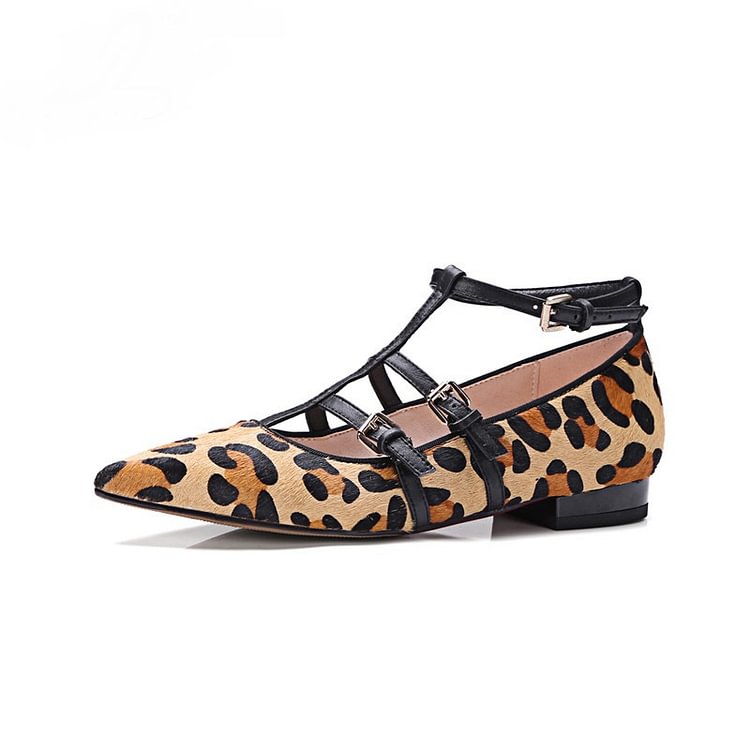 Women's Khaki Suede T-Strap Leopard Print Flats |FSJ Shoes