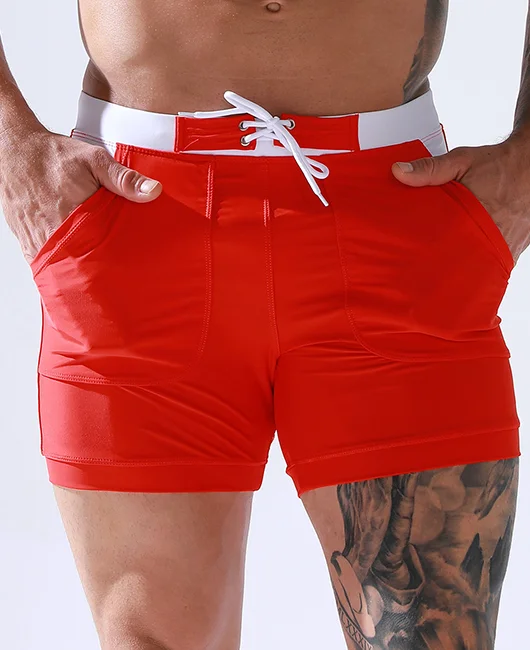 Vacation Sporty Contrast Color Drawstring Boxer Swim Trunks With Pockets 