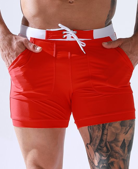Vacation Sporty Contrast Color Drawstring Boxer Swim Trunks With Pockets