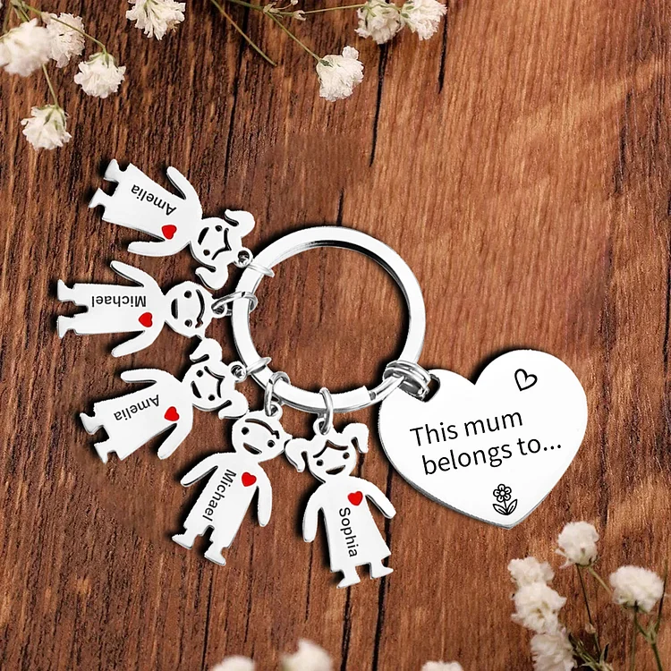 5 Names - Personalized Keychain with Kid Charm Engraved Names Keychain Heart Mother's Day Gift for Mum/Nan