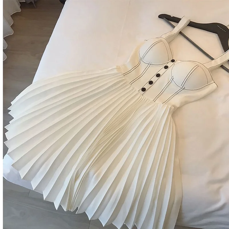 Uveng Women's Summer 2022 Pleated Dress Elegant Luxury Tube Dress Backless Single-breasted High Waist Party Spaghetti Strap Jupe