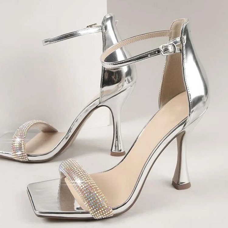Silver Stiletto Heel Sandal Ankle Strap Shoes Rhinestone Wedding Heels |FSJ Shoes