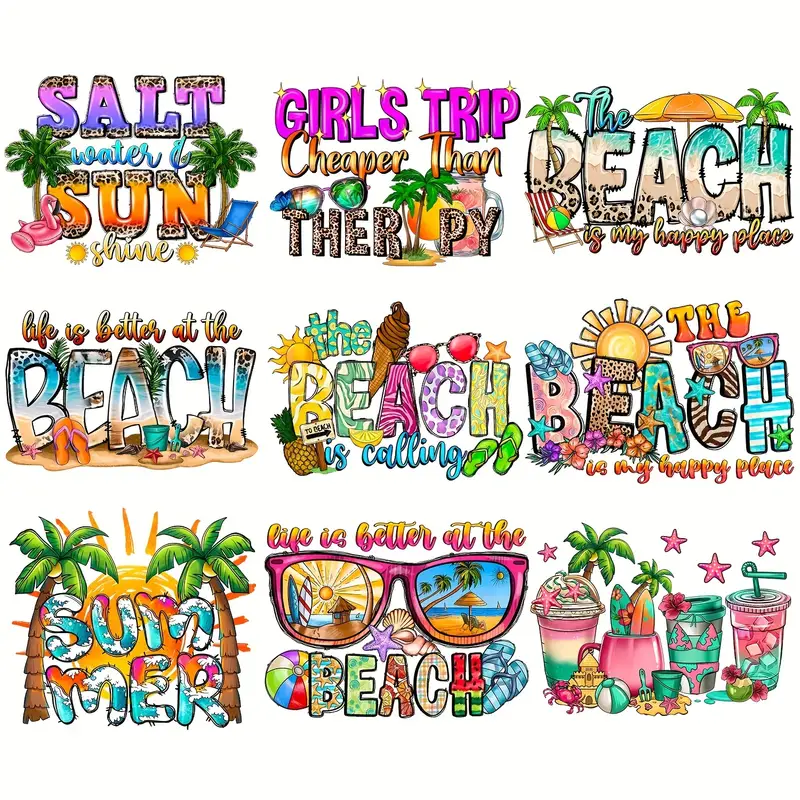 9pcs/pack, Tropical Summer Beach Scenery Fashion and luxury With Other Personalized Elements Heat Transfer Designs-Guru-buzz