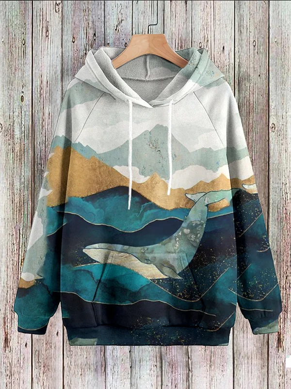 Men's Color Block Landscape Whale Art Print Pocket Hoodie