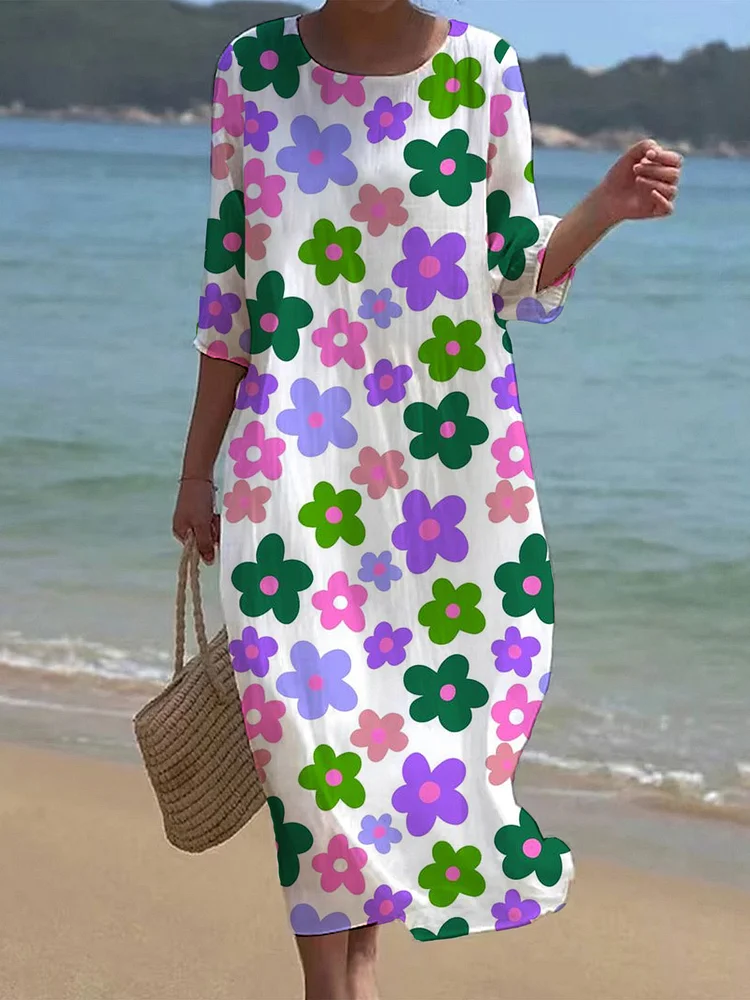 Women's Colorful Flower Spliced Casual Loose Dress socialshop