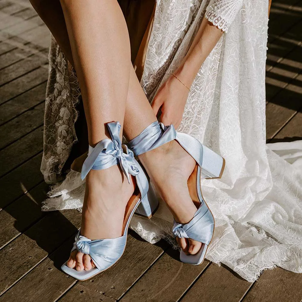 Blue Satin Knotted Wedding Shoes Square Toe Ankle Tie Heeled Sandals Nicepairs