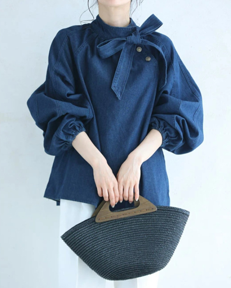 Bow Detail High Neck Puffy Long Sleeve Denim Top