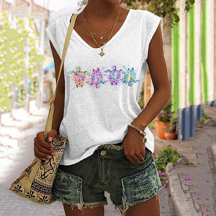 Comstylish Turtle Print V-Neck Sleeveless Tank Top
