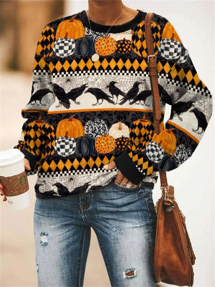 Vefave Vintage Halloween Inspired Patchwork Art Sweatshirt