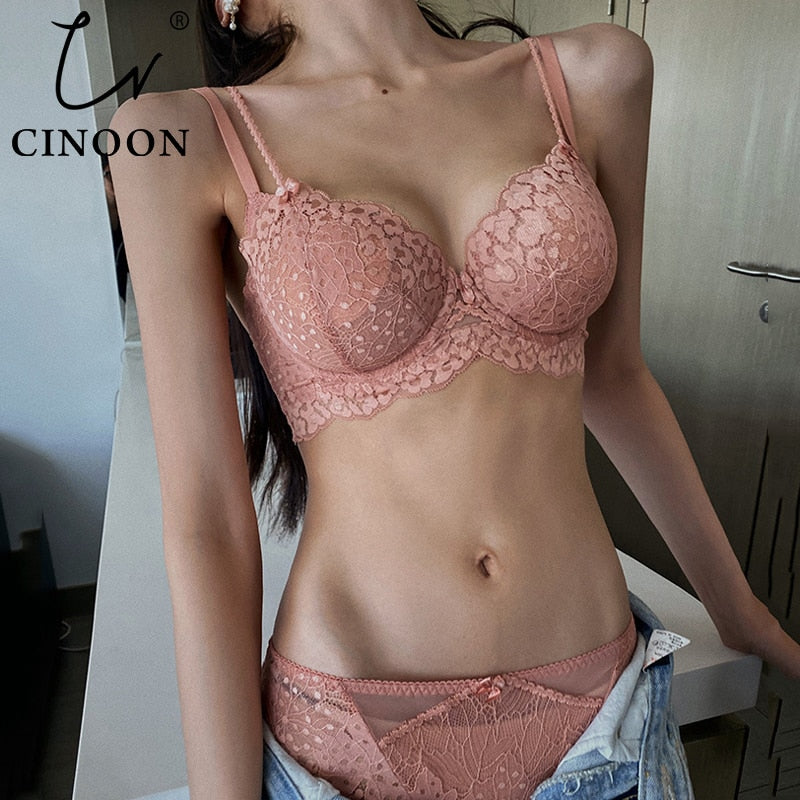 Cinoon French Lace Embroidery Underwear Set Thin Cup Bralette Push Up Brassiere Sexy Lace 2181