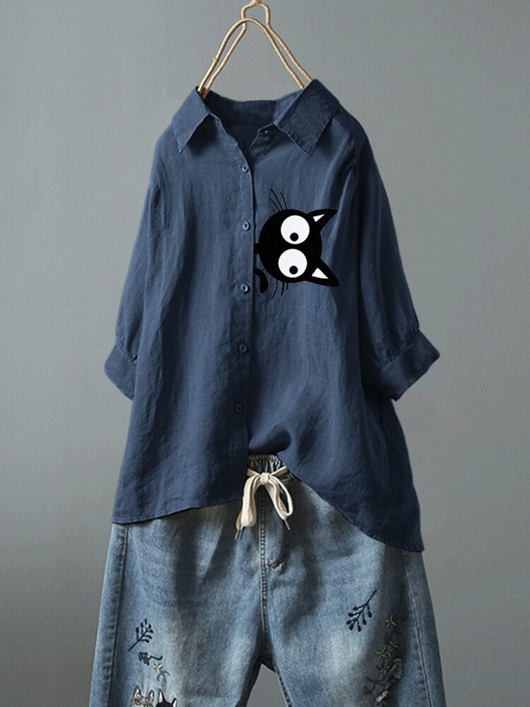 Casual Cat Cartoon Printed Button Down Lapel Short Sleeve Blouse P1652121