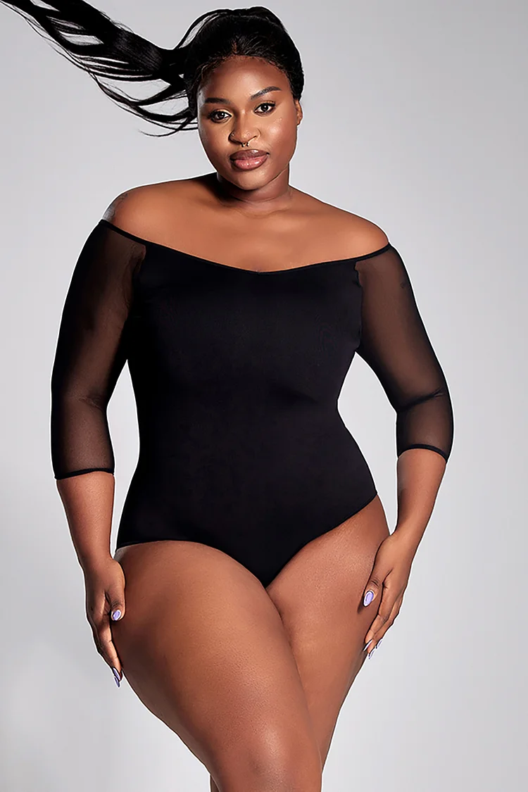 Plus Size Daily Bodysuit Black Knitted 3/4 Sleeve Mesh Breathable Body Shaper See-Through Bodysuit [Pre-Order]