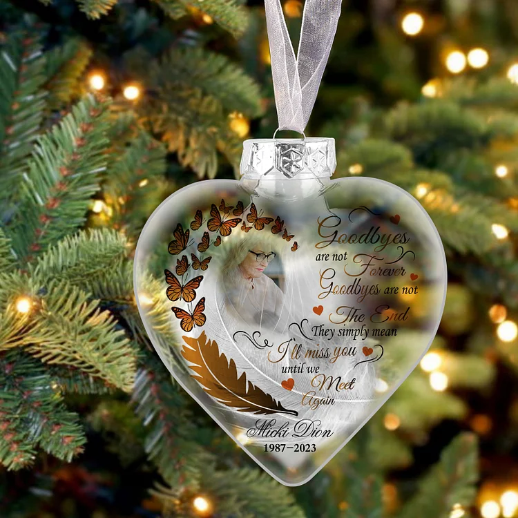 Heart Christmas Memorial Ornaments Custom Name & Date & Photo Feather Ornament Commemorate Deceased Loved Ones - Goodbyes Are Not Forever
