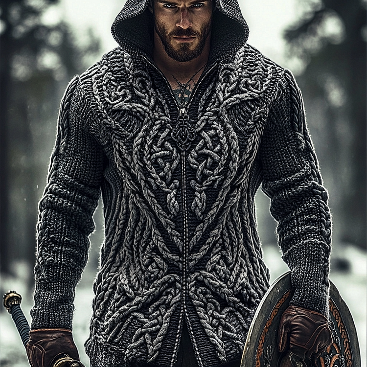 Men's Viking Rune Jacquard Celtic Knit Zip-up Hooded Sweater