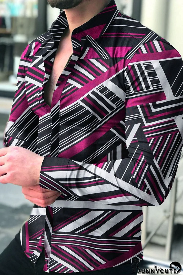 Red Fashion Street Striped Patchwork Turndown Collar Tops
