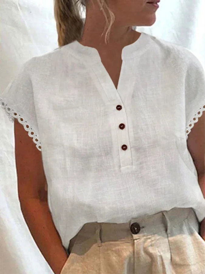 Women's Cotton and Linen Lace Casual V-Neck Shirt