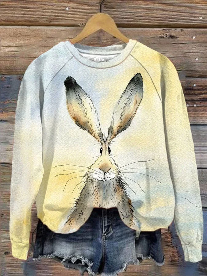 Women's Watercolor Cute Bunny Print Sweatshirt