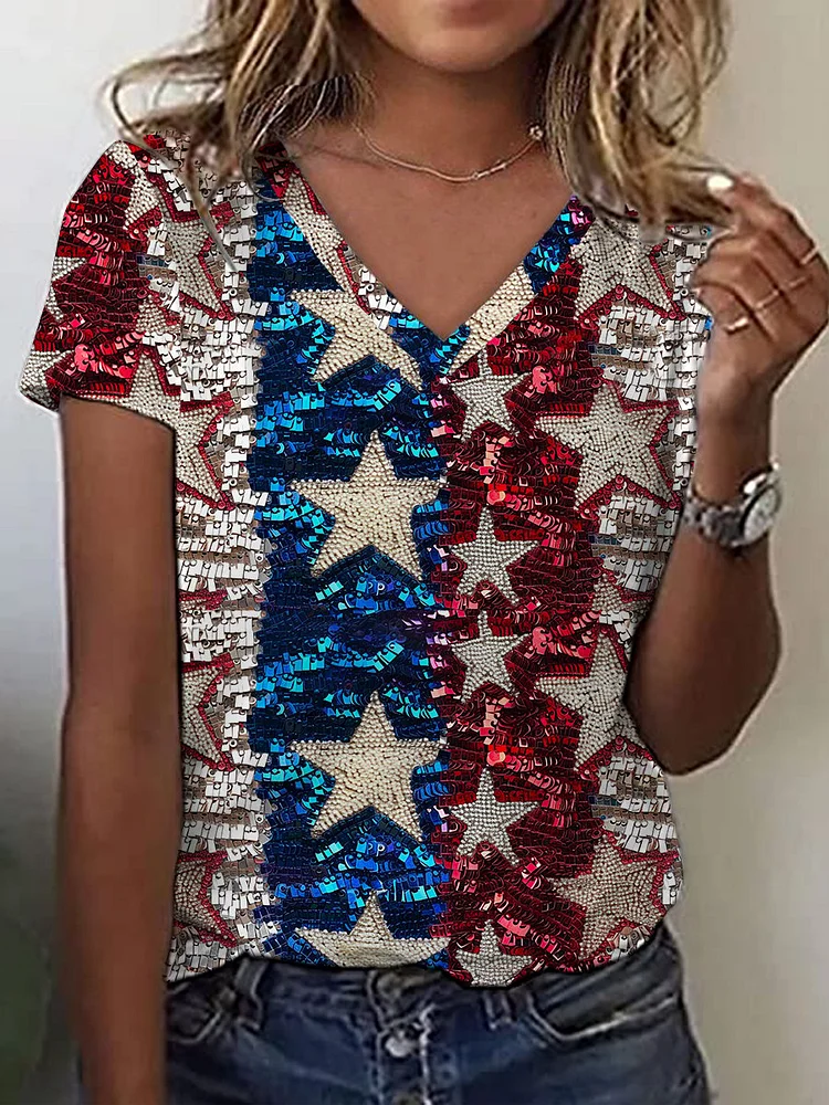 Women's Independence Day American Flag Patchwork Print V-Neck T-Shirt socialshop