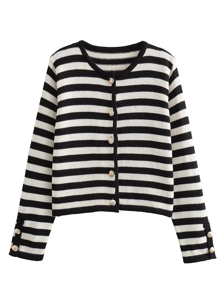Jangj Black White Stripe Knitted Sweater For Women 2024 Vintage Single Breasted Cardigan Female Elegant Long Sleeve Knitwear