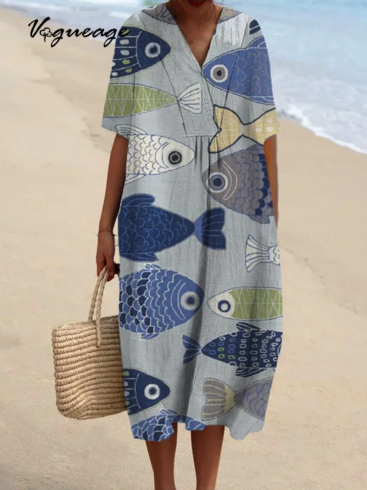 Simple And Stylish Fish Printed Women's Casual Cotton And Linen