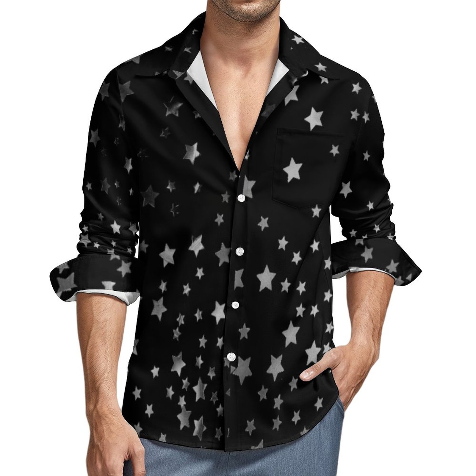 mens dress shirt with stars Stars Long Sleeve Men Button Up Shirt, Space Black White Print Dress  Buttoned Collar Dress Shirt with Chest Pocket
