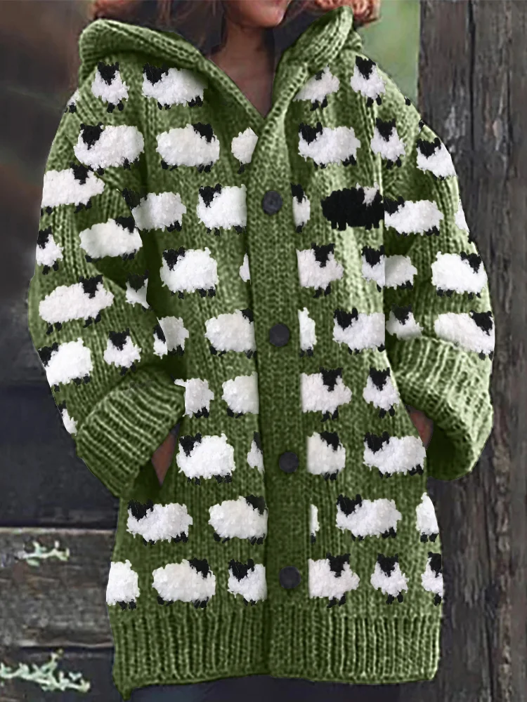 Vintage Sheep Fleece Pattern Cozy Knit Hooded Cardigan
