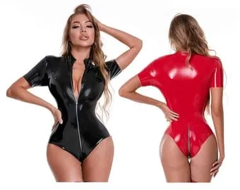 pornhint Pornhint Imitation Latex Catsuit, Crotchless Wetlook Bodysuit, PVC Vinyl Pole Dance Leotard