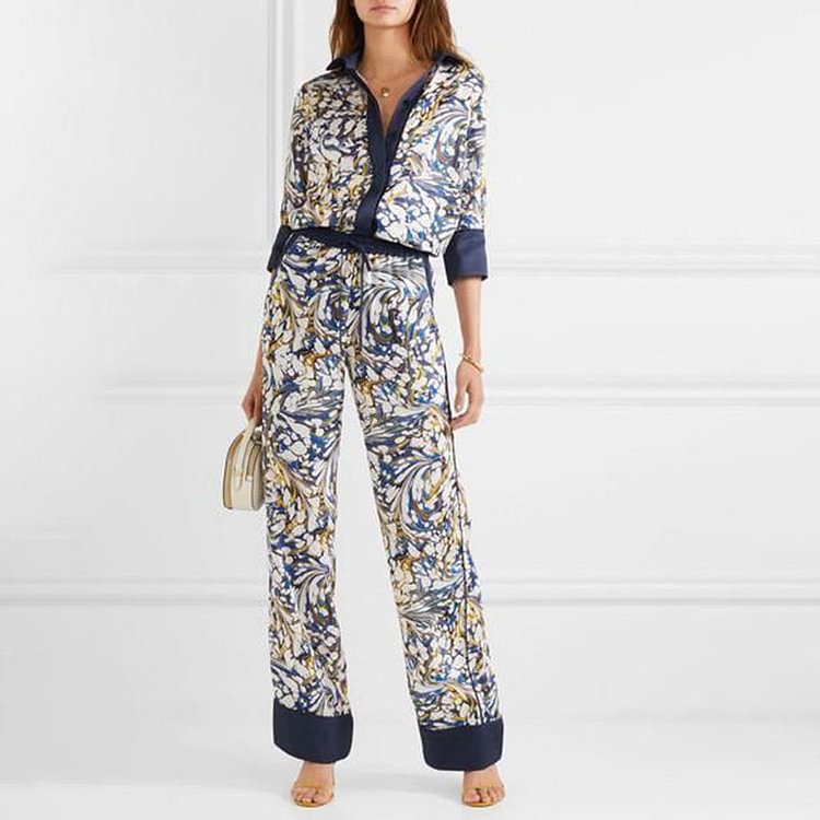 VChics 3/4 Sleeve Blouse Printed Pants Work Two-piece Set