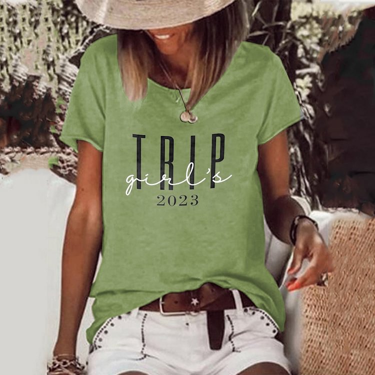 VChics Girl's Trip Print Round Neck Casual T-Shirt