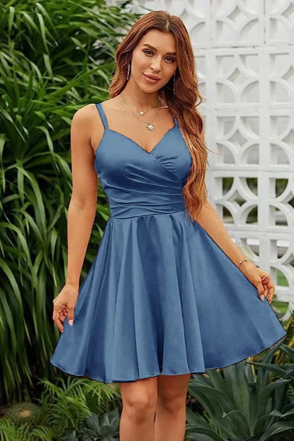 Lvs&Broner Pink Satin V Neck Spaghetti Strap Sleeveless Pleated Short Homecoming Dress