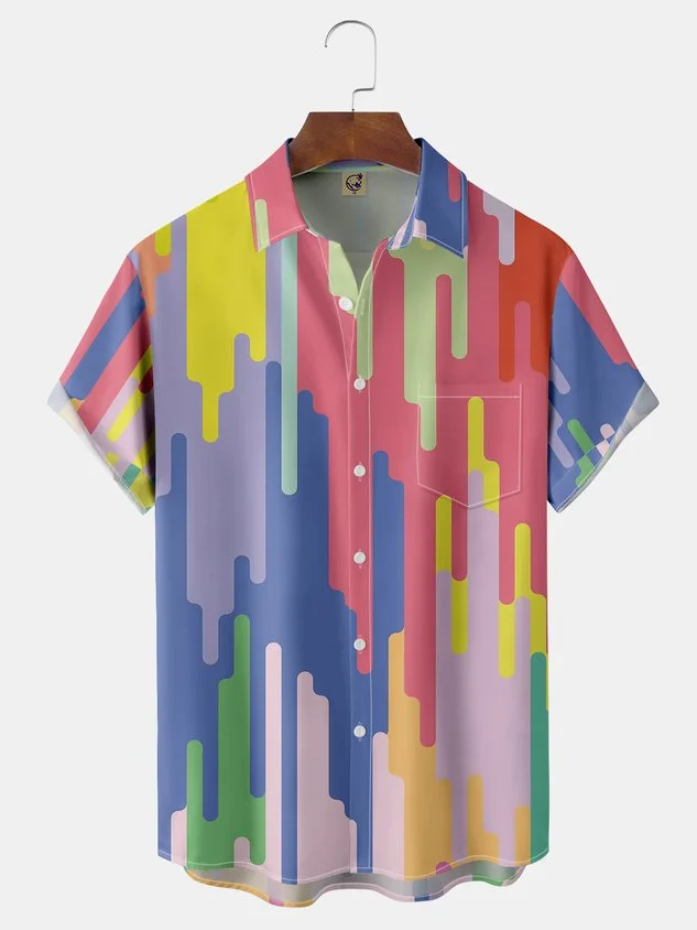 Striped Colorblock Chest Pocket Short Sleeve Casual Shirt
