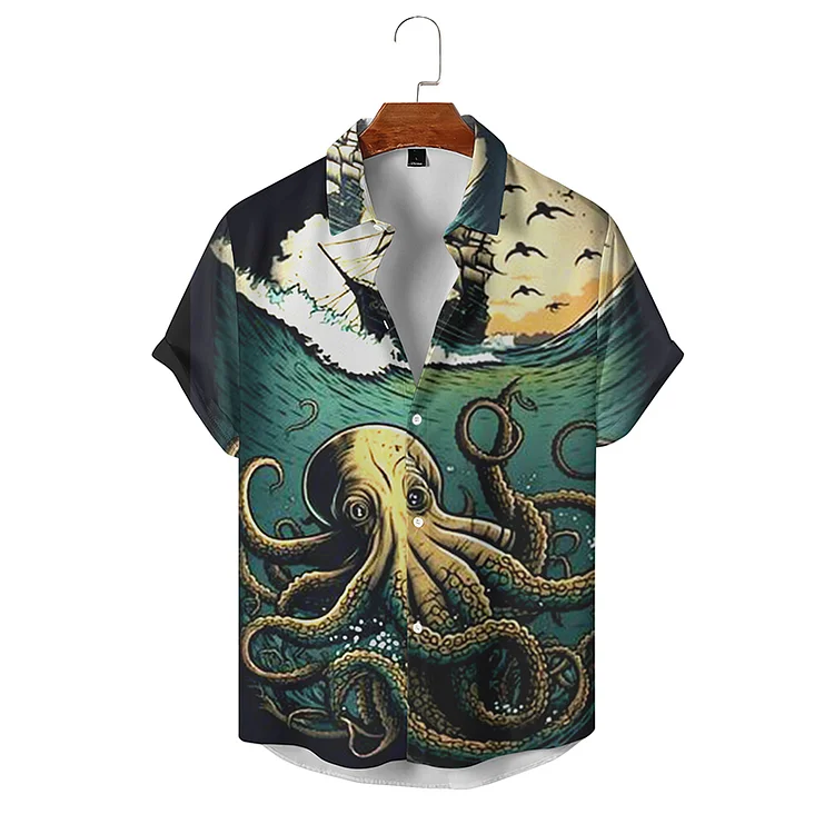 BrosWear Men's Beach Vacation Octopus Short Sleeve Shirt