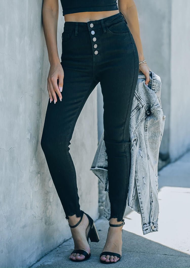 Button Pocket Frayed Denim Pants - Black socialshop