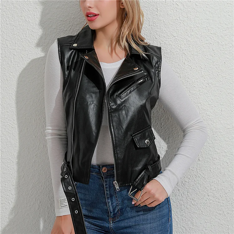 Women's PU Leather Zipper With Belt Vest Sleeveless Jacket