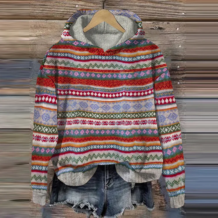 VChics Vintage Fairman Island Pattern Contrast Jacquard Hooded Sweater