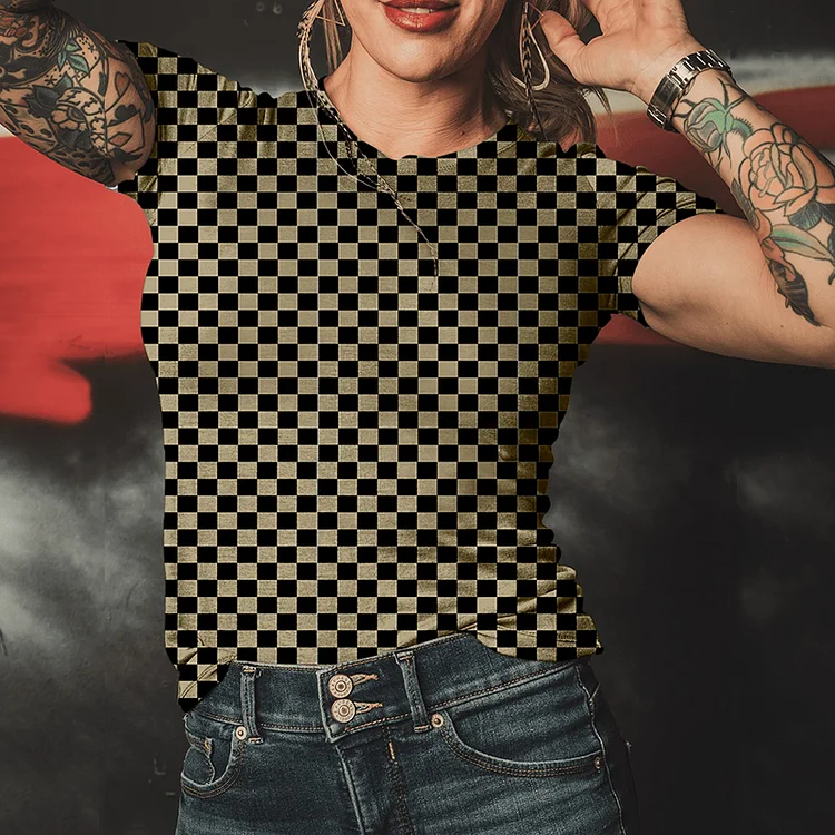 Spring And Summer New Checkerboard Women'S Fashion T-Shirt