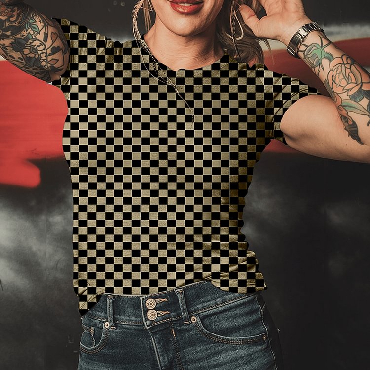 Spring And Summer New Checkerboard Women'S Fashion T-Shirt