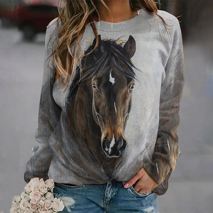 Comstylish Western Horse Print Crew Neck Long Sleeve Casual Sweatshirt