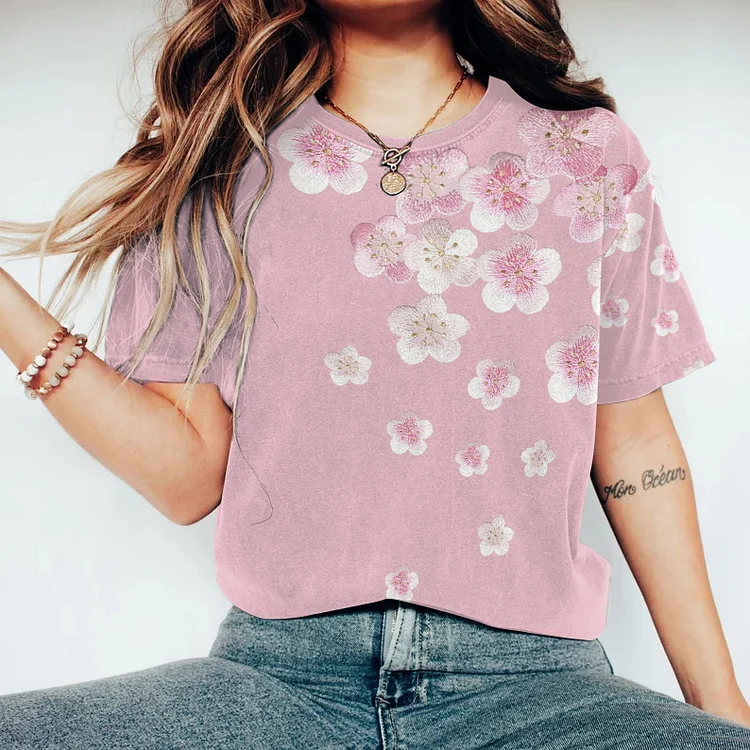 Comstylish Casual Floral Print Round Neck Short Sleeve T-Shirt