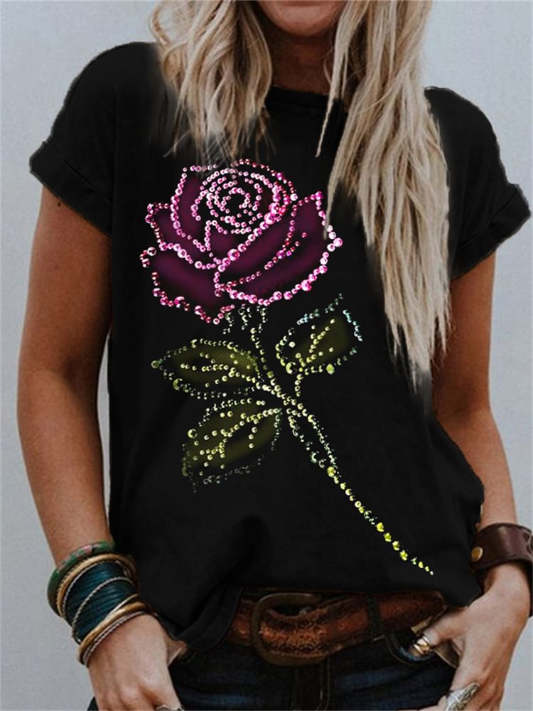 Comstylish Elegant Rose Glitter Art Crew Neck T Shirt