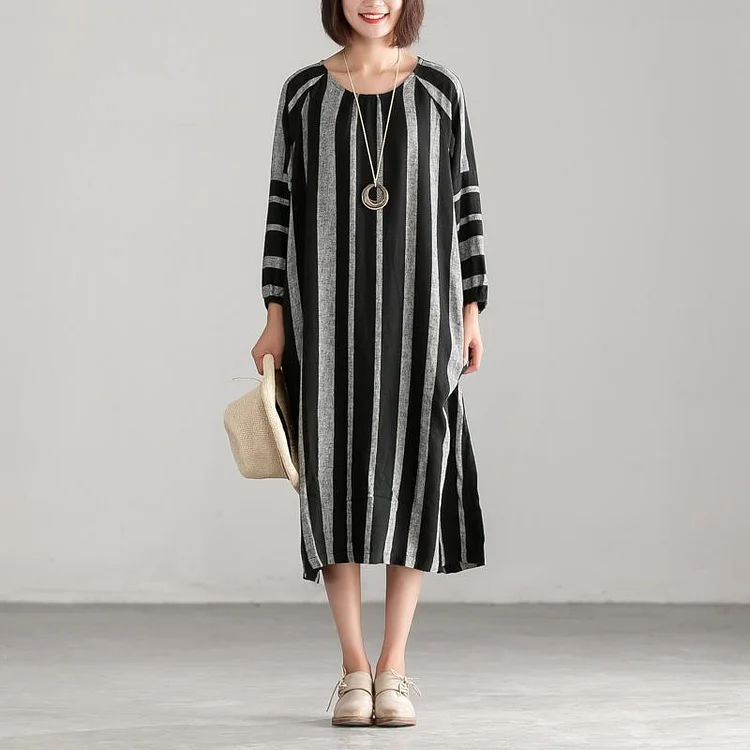 Unique linen cotton quilting dresses stylish Black And Gary Stripe Casual Loose Dress