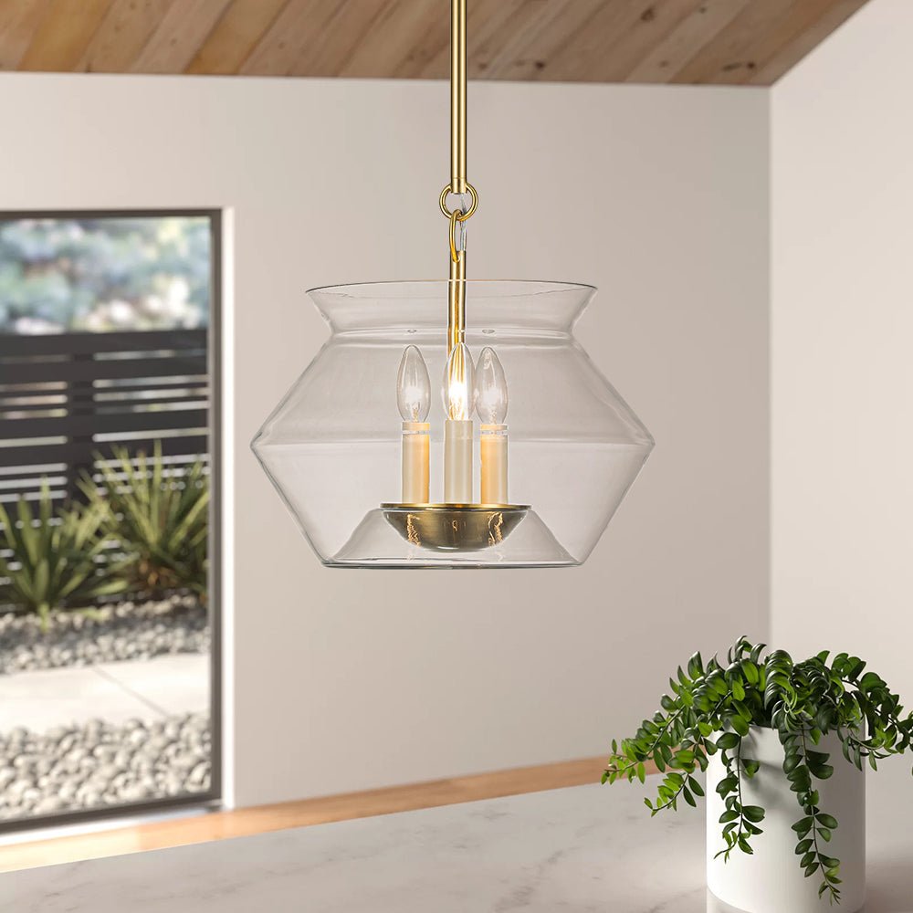 3-Light Clear Glass Wide Geometric Shade Pendant Light