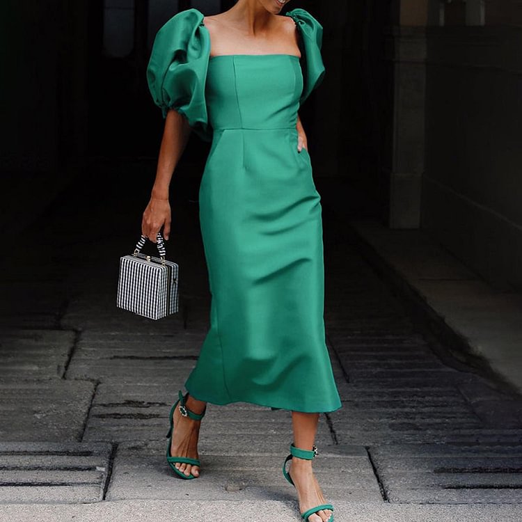 VChics Elegant Puff Sleeve Slit Sheath Party Midi Dress